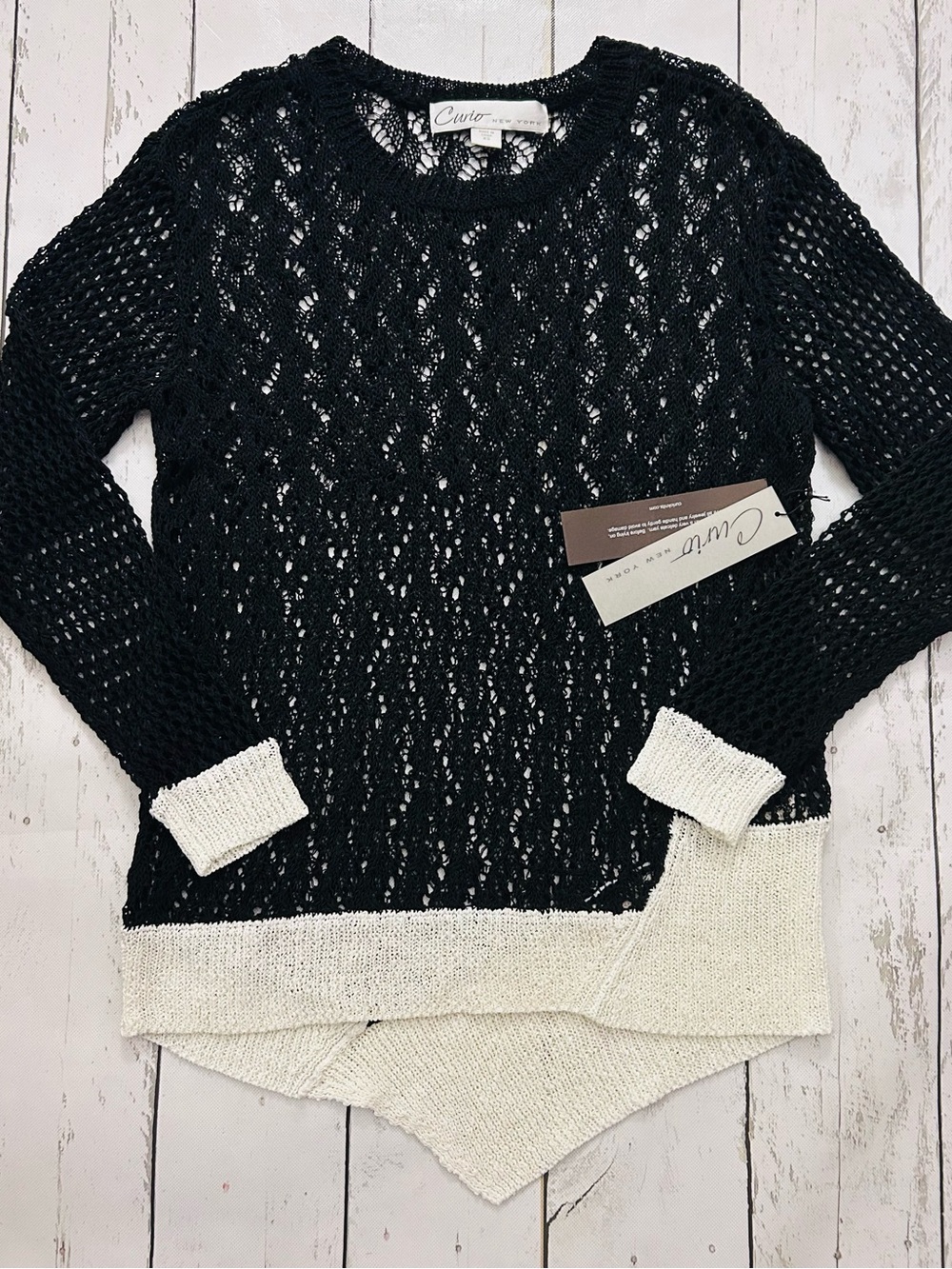 Curio Women’s Open-Weave Sweater Sz XS Black Cream NWT Linen Cotton Rayon Nylon